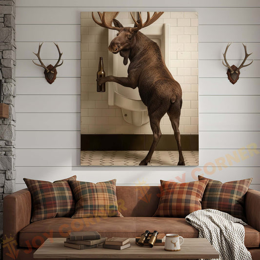 Joycorners Moose Holding Beer at Urinal Wrapped Canvas