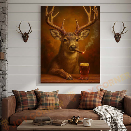 Joycorners Deer with Beer Glass and Smoke Effect Wrapped Canvas