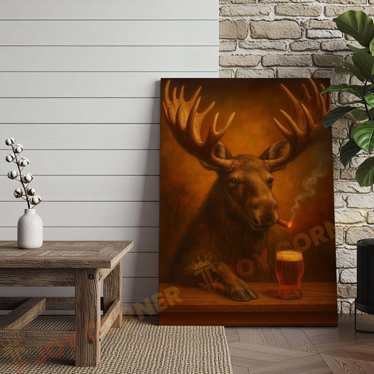 Joycorners Moose with Beer Glass and Smoke Effect Wrapped Canvas
