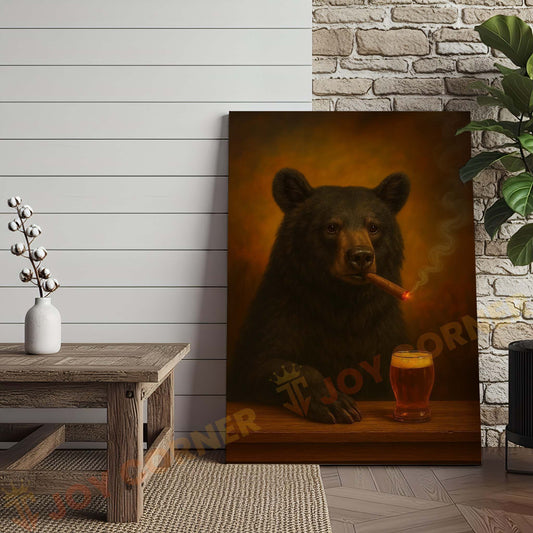 Joycorners Black Bear with Beer Glass and Smoke Effect Wrapped Canvas