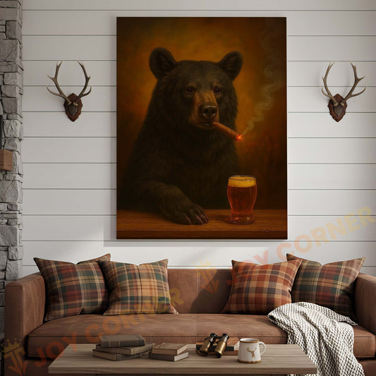 Joycorners Black Bear with Beer Glass and Smoke Effect Wrapped Canvas