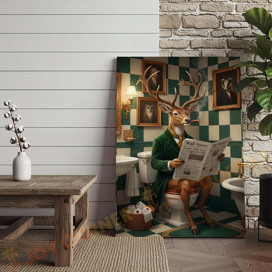Joycorners Deer Reading Newspaper in Bathroom Wrapped Canvas