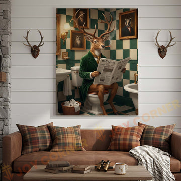 Joycorners Deer Reading Newspaper in Bathroom Wrapped Canvas