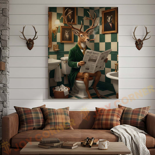 Joycorners Deer Reading Newspaper in Bathroom Wrapped Canvas
