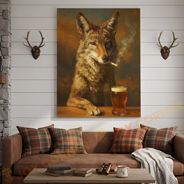 Joycorners Wolf with Beer Glass and Smoke Wrapped Canvas