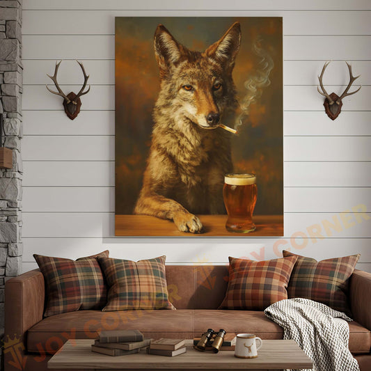 Joycorners Wolf with Beer Glass and Smoke Wrapped Canvas