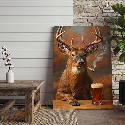 Joycorners Deer with Beer Mug and Smoke Wrapped Canvas