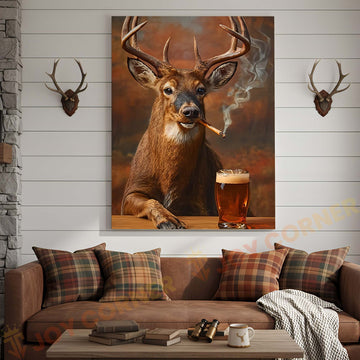 Joycorners Deer with Beer Mug and Smoke Wrapped Canvas