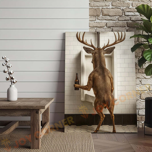 Joycorners Deer Holding Beer at Urinal Wrapped Canvas