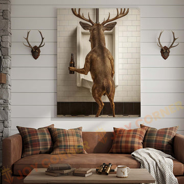 Joycorners Deer Holding Beer at Urinal Wrapped Canvas