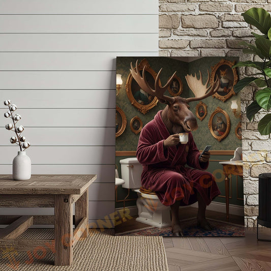 Joycorners Moose Drinking Coffee on Toilet Wrapped Canvas