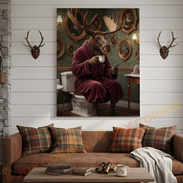 Joycorners Moose Drinking Coffee on Toilet Wrapped Canvas