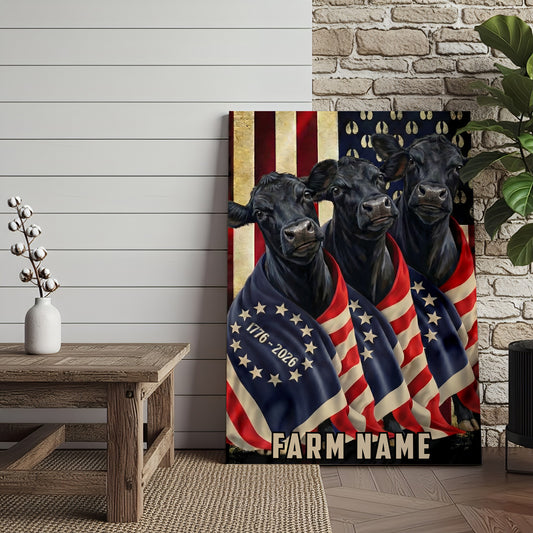Joycorners Patriotic Black Angus Cow Trio Wrapped in American Flag 1776–2026 Personalized Name 3D Canvas Poster