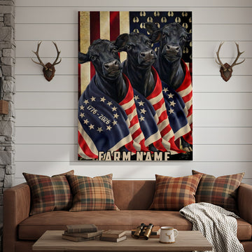 Joycorners Patriotic Black Angus Cow Trio Wrapped in American Flag 1776–2026 Personalized Name 3D Canvas Poster