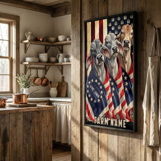 Joycorners Patriotic Brahman Cow Trio Wrapped in American Flag 1776–2026 Personalized Name 3D Canvas Poster