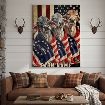 Joycorners Patriotic Brahman Cow Trio Wrapped in American Flag 1776–2026 Personalized Name 3D Canvas Poster