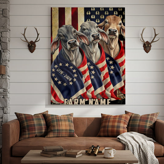 Joycorners Patriotic Brahman Cow Trio Wrapped in American Flag 1776–2026 Personalized Name 3D Canvas Poster