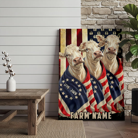 Joycorners Patriotic Charolais Cow Trio Wrapped in American Flag 1776–2026 Personalized Name 3D Canvas Poster