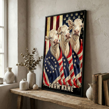 Joycorners Patriotic Charolais Cow Trio Wrapped in American Flag 1776–2026 Personalized Name 3D Canvas Poster
