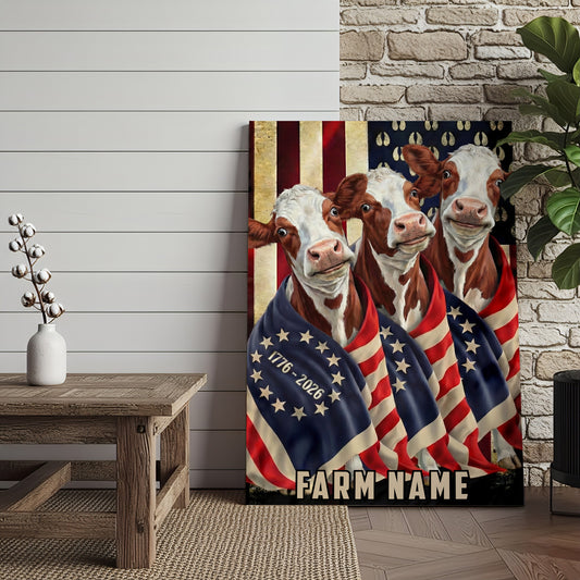 Joycorners Patriotic Hereford Cow Trio Wrapped in American Flag 1776–2026 Personalized Name 3D Canvas Poster