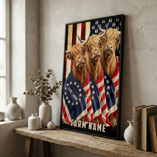 Joycorners Patriotic Highland Cow Trio Wrapped in American Flag 1776–2026 Personalized Name 3D Canvas Poster