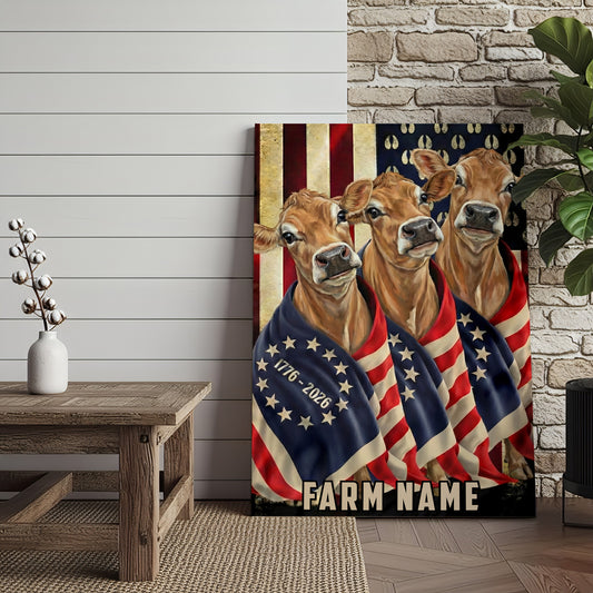 Joycorners Patriotic Jersey Cow Trio Wrapped in American Flag 1776–2026 Personalized Name 3D Canvas Poster