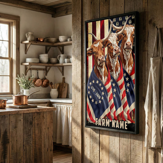 Joycorners Patriotic Texas Longhorn Cow Trio Wrapped in American Flag 1776–2026 Personalized Name 3D Canvas Poster