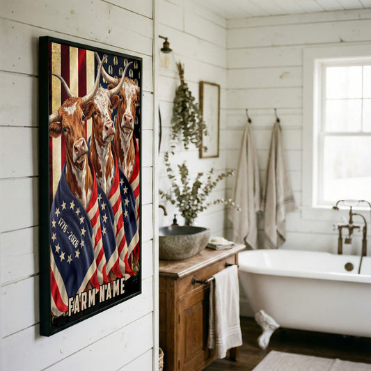 Joycorners Patriotic Texas Longhorn Cow Trio Wrapped in American Flag 1776–2026 Personalized Name 3D Canvas Poster