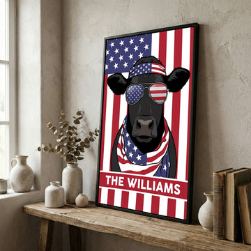 Joycorners Patriotic Black Angus Cow Wearing USA Flag Bandana and Sunglasses Patriotic Style Personalized Name 3D Canvas Poster