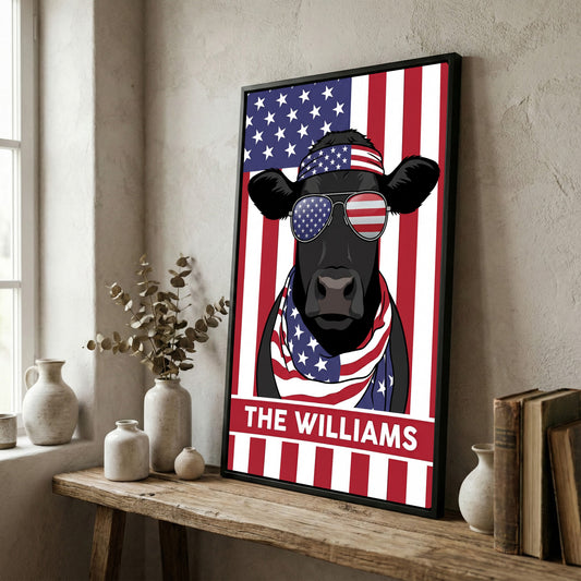 Joycorners Patriotic Black Angus Cow Wearing USA Flag Bandana and Sunglasses Patriotic Style Personalized Name 3D Canvas Poster