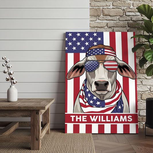 Joycorners Patriotic Brahman Cow Wearing USA Flag Bandana and Sunglasses Patriotic Style Personalized Name 3D Canvas Poster