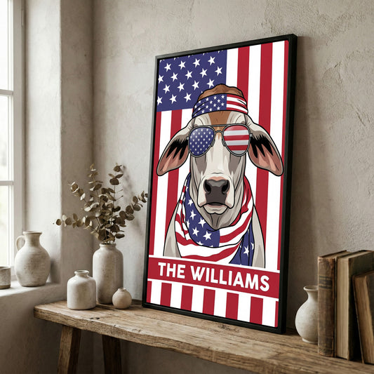 Joycorners Patriotic Brahman Cow Wearing USA Flag Bandana and Sunglasses Patriotic Style Personalized Name 3D Canvas Poster