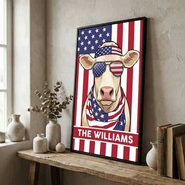 Joycorners Patriotic Charolais Cow Wearing USA Flag Bandana and Sunglasses Patriotic Style Personalized Name 3D Canvas Poster