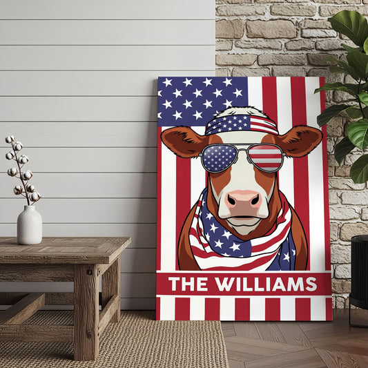 Joycorners Patriotic Hereford Cow Wearing USA Flag Bandana and Sunglasses Patriotic Style Personalized Name 3D Canvas Poster