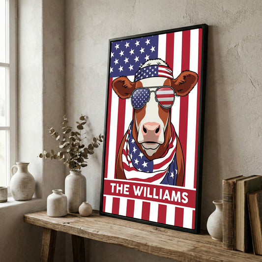 Joycorners Patriotic Hereford Cow Wearing USA Flag Bandana and Sunglasses Patriotic Style Personalized Name 3D Canvas Poster