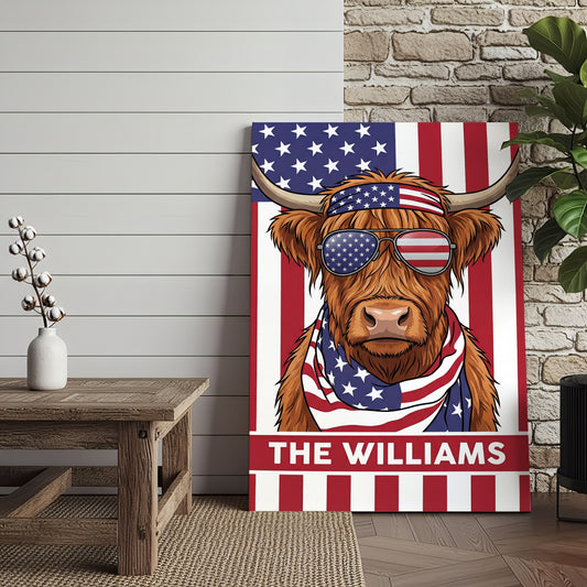 Joycorners Patriotic Highland Cow Wearing USA Flag Bandana and Sunglasses Patriotic Style Personalized Name 3D Canvas Poster
