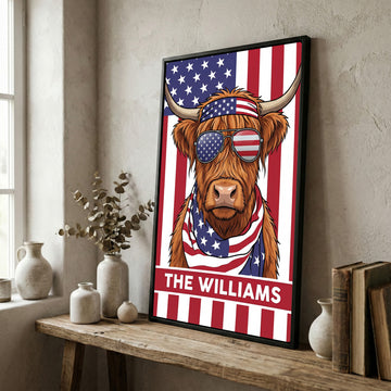 Joycorners Patriotic Highland Cow Wearing USA Flag Bandana and Sunglasses Patriotic Style Personalized Name 3D Canvas Poster