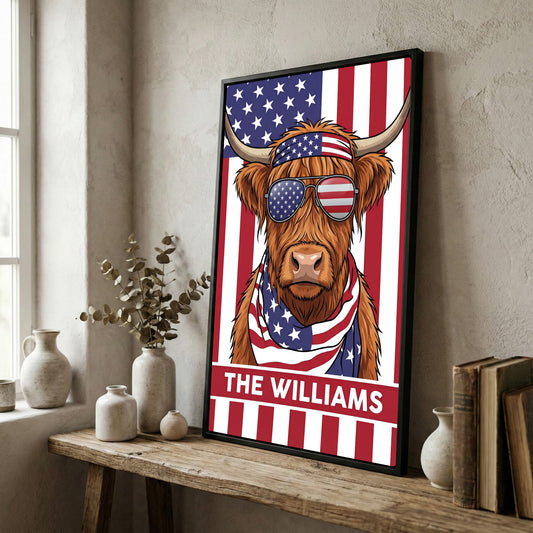 Joycorners Patriotic Highland Cow Wearing USA Flag Bandana and Sunglasses Patriotic Style Personalized Name 3D Canvas Poster