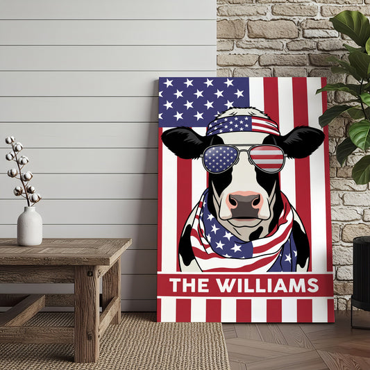 Joycorners Patriotic Holstein Cow Wearing USA Flag Bandana and Sunglasses Patriotic Style Personalized Name 3D Canvas Poster