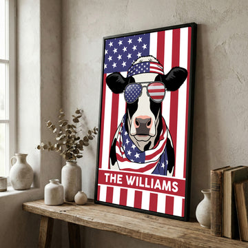 Joycorners Patriotic Holstein Cow Wearing USA Flag Bandana and Sunglasses Patriotic Style Personalized Name 3D Canvas Poster