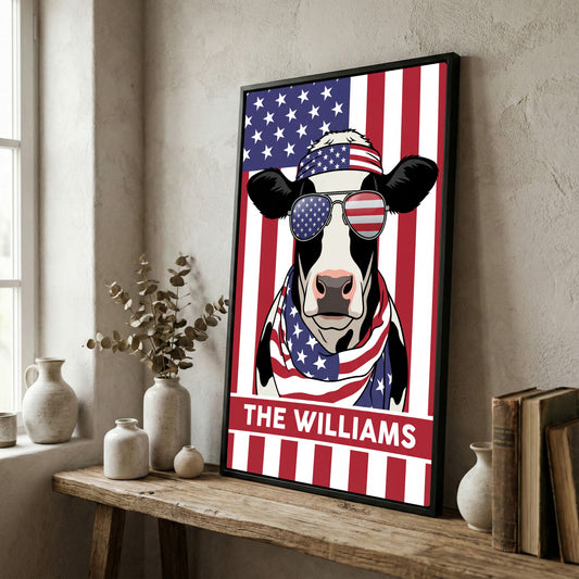 Joycorners Patriotic Holstein Cow Wearing USA Flag Bandana and Sunglasses Patriotic Style Personalized Name 3D Canvas Poster