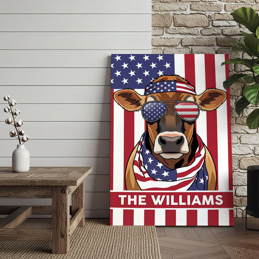 Joycorners Patriotic Jersey Cow Wearing USA Flag Bandana and Sunglasses Patriotic Style Personalized Name 3D Canvas Poster