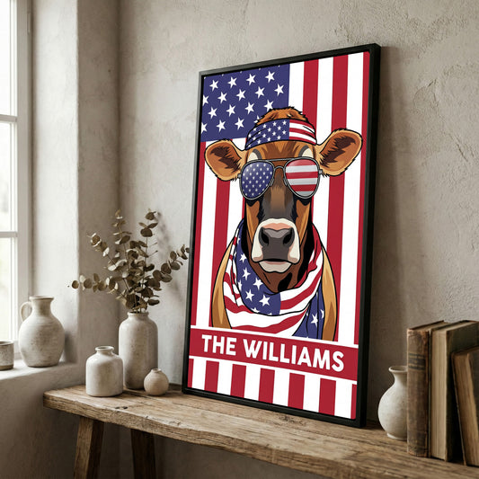Joycorners Patriotic Jersey Cow Wearing USA Flag Bandana and Sunglasses Patriotic Style Personalized Name 3D Canvas Poster
