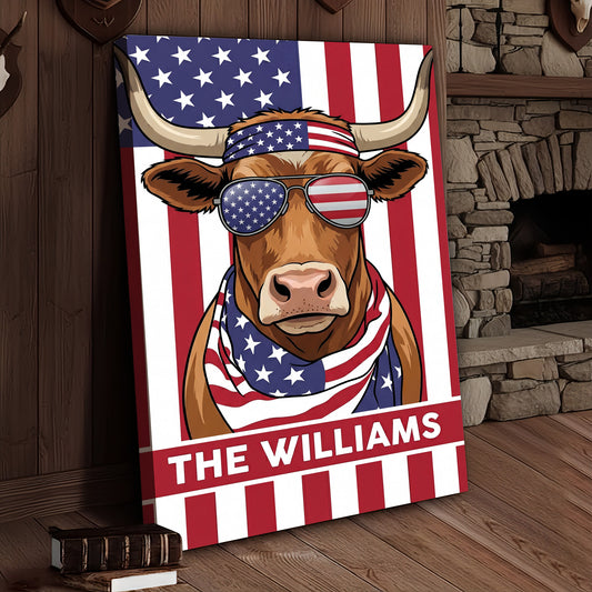 Joycorners Patriotic Texas Longhorn Cow Wearing USA Flag Bandana and Sunglasses Patriotic Style Personalized Name 3D Canvas Poster