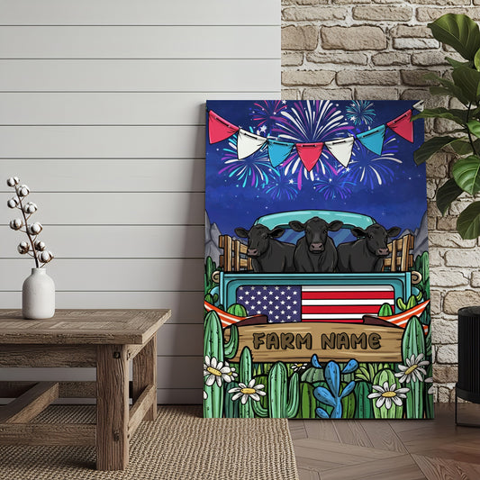 Joycorners Patriotic Black Angus Cow on Farm Truck with American Flag Fireworks Rustic Country Style Personalized Name 3D Canvas Poster