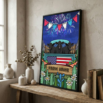 Joycorners Patriotic Black Angus Cow on Farm Truck with American Flag Fireworks Rustic Country Style Personalized Name 3D Canvas Poster