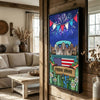 Joycorners Patriotic Brahman Cow on Farm Truck with American Flag Fireworks Rustic Country Style Personalized Name 3D Canvas Poster