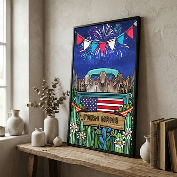 Joycorners Patriotic Brahman Cow on Farm Truck with American Flag Fireworks Rustic Country Style Personalized Name 3D Canvas Poster