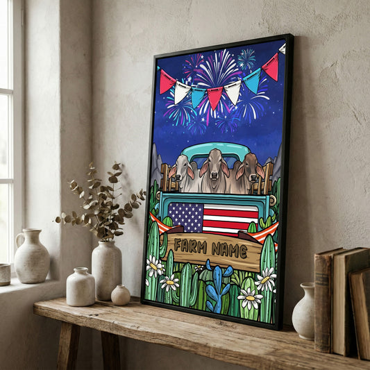 Joycorners Patriotic Brahman Cow on Farm Truck with American Flag Fireworks Rustic Country Style Personalized Name 3D Canvas Poster