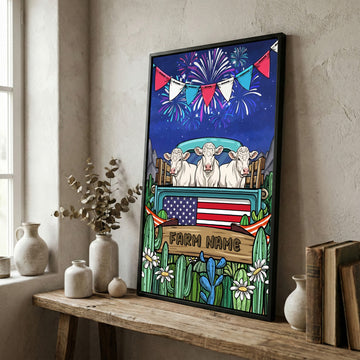 Joycorners Patriotic Charolais Cow on Farm Truck with American Flag Fireworks Rustic Country Style Personalized Name 3D Canvas Poster